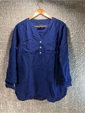 Talbots Linen Band Collar Popover Button Blouse Size L Roll Tab Sleeve Bohemian